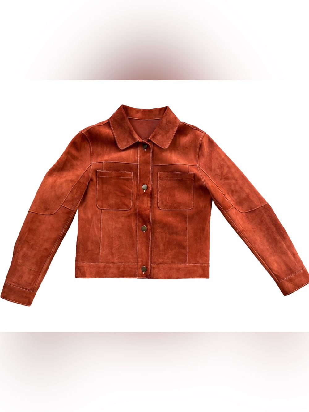 Premium Baby Calfskin Suede Cropped Trucker Jacket – Brick Rust – US 4